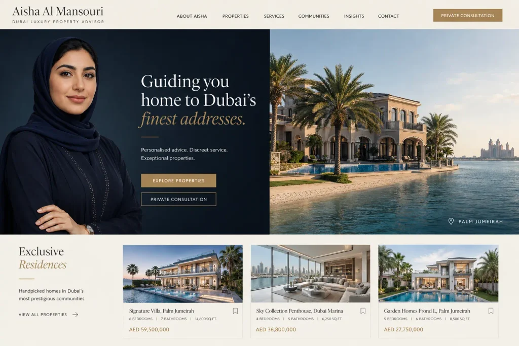 Aisha Al Mansouri Dubai luxury property advisor portfolio website concept