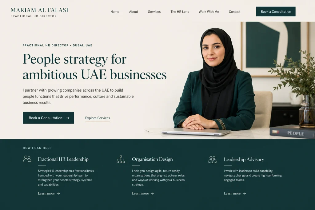 Mariam Al Falasi fractional HR director Dubai portfolio website concept