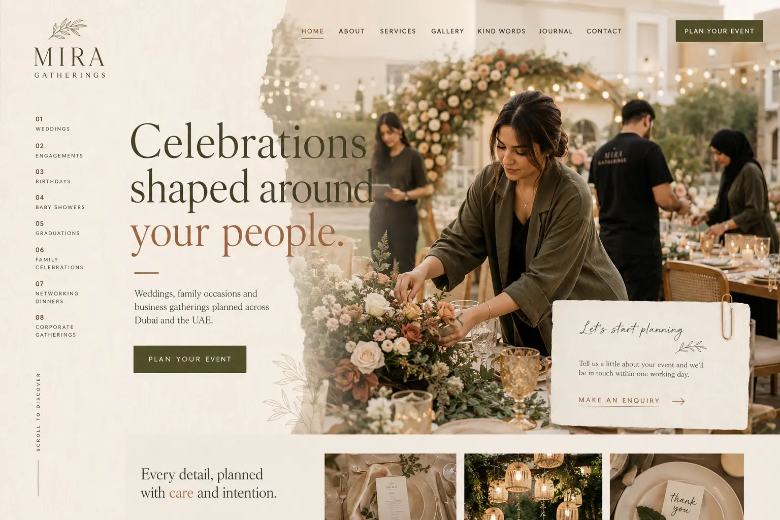Mira Gatherings event and wedding planner portfolio website concept