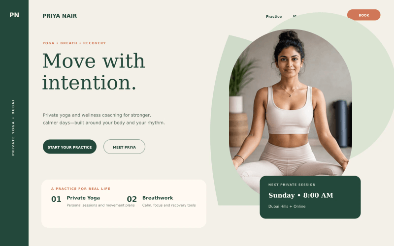 Yoga and wellness coach personal portfolio website concept