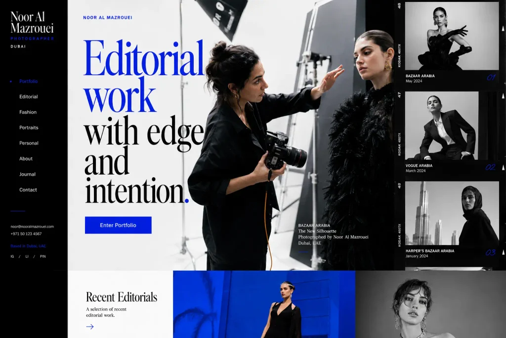 Noor Al Mazrouei fashion and editorial photographer portfolio website concept