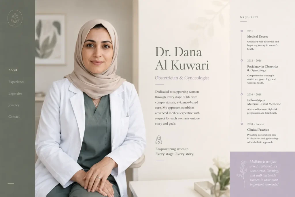 Dana Al Kuwari obstetrician and gynecologist personal portfolio website concept
