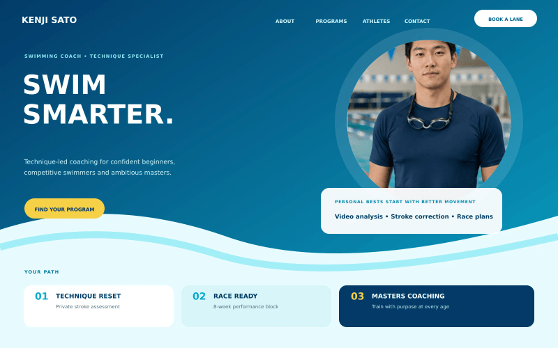 Swimming coach personal portfolio website concept