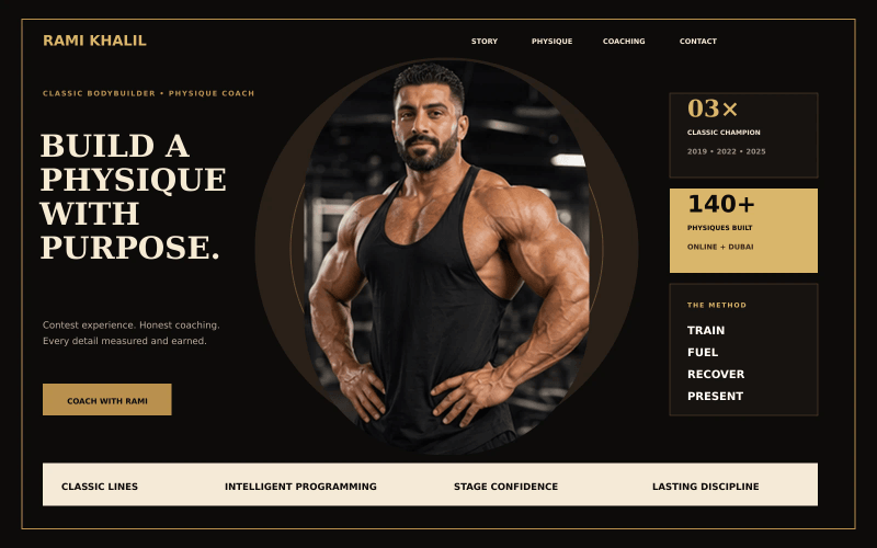 Classic bodybuilding coach personal portfolio website concept