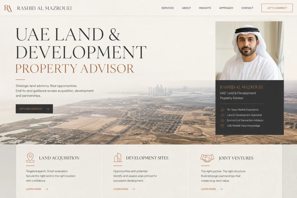Rashid Al Mazrouei UAE land development advisor portfolio website concept