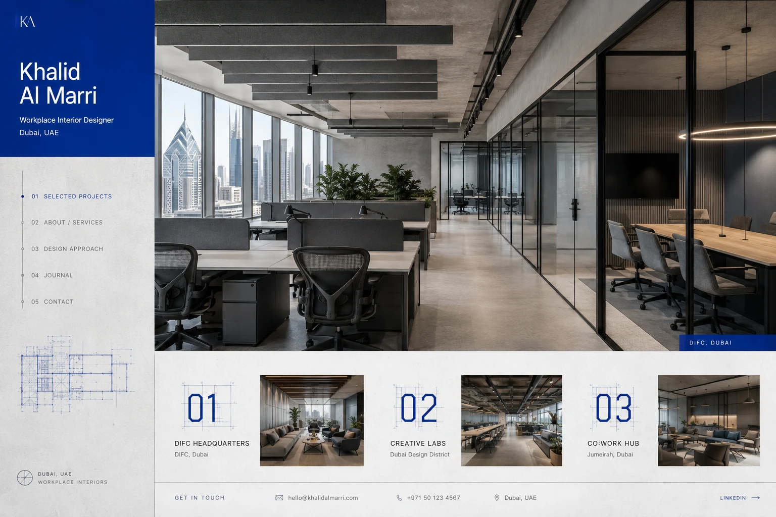 Khalid Al Marri workplace interiors portfolio website concept