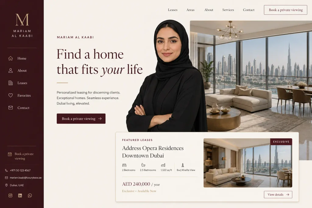Mariam Al Kaabi luxury leasing consultant portfolio website concept