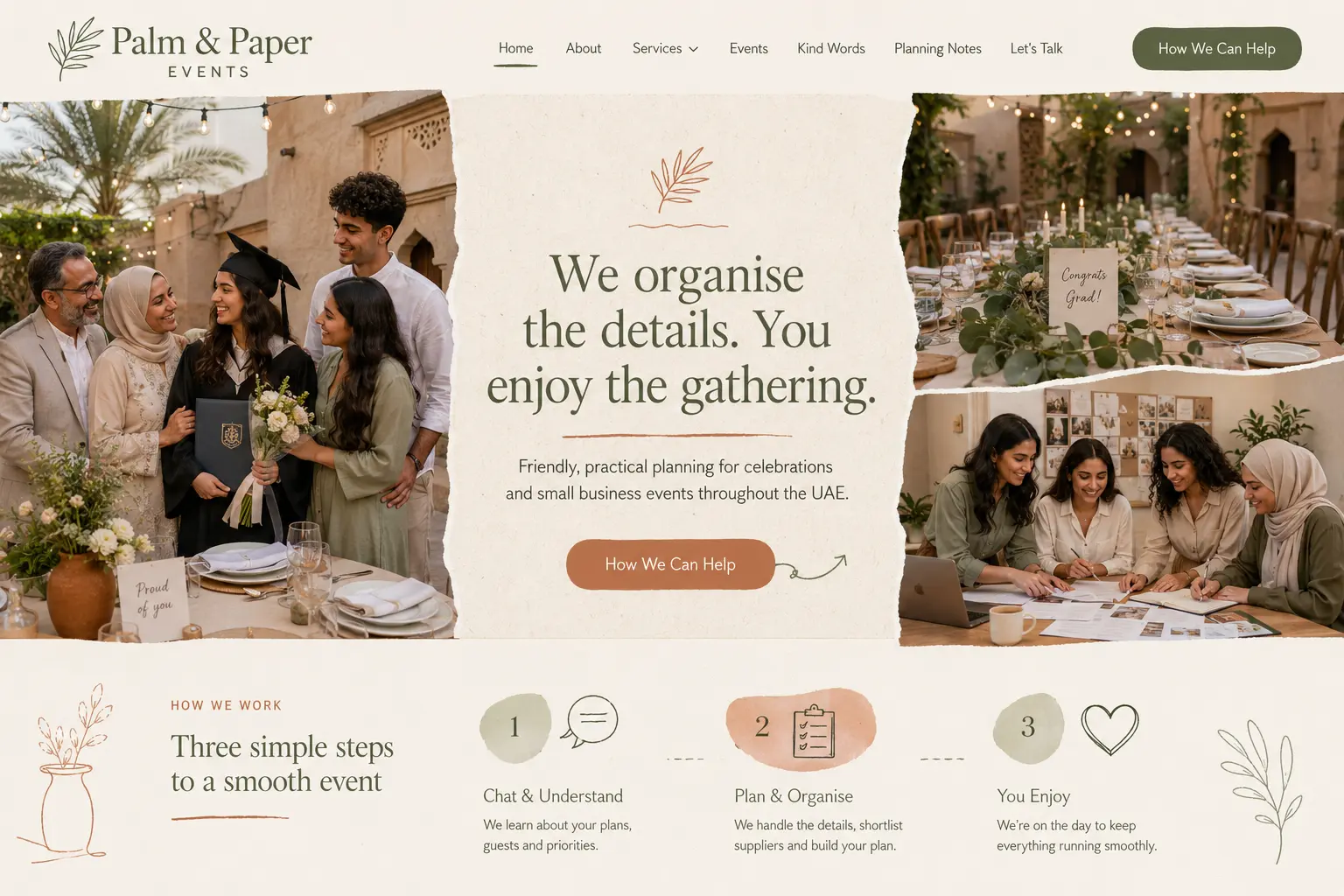 Palm and Paper Events portfolio website concept