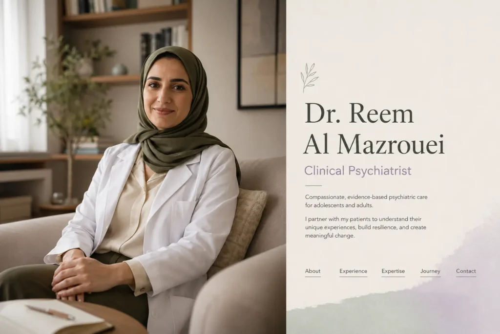 Reem Al Mazrouei psychiatrist personal portfolio website concept