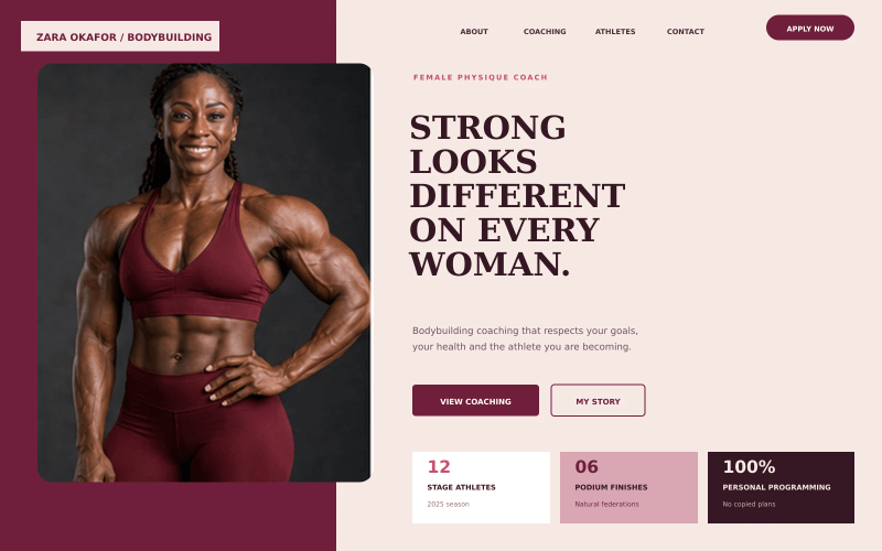 Female bodybuilding coach personal portfolio website concept