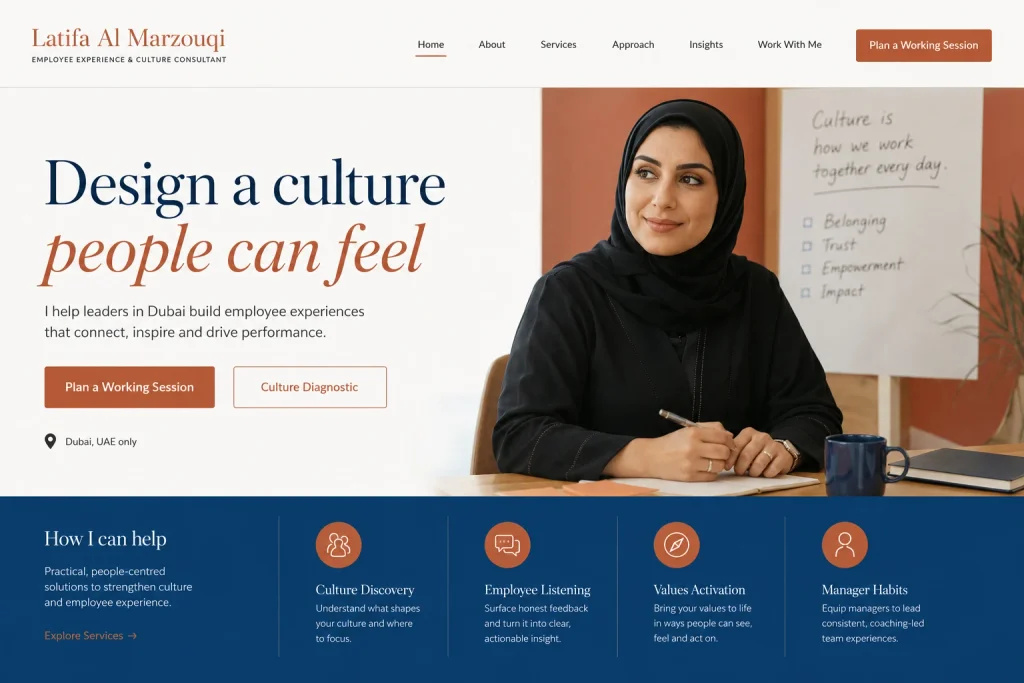 Latifa Al Marzouqi culture consultant Dubai portfolio website concept