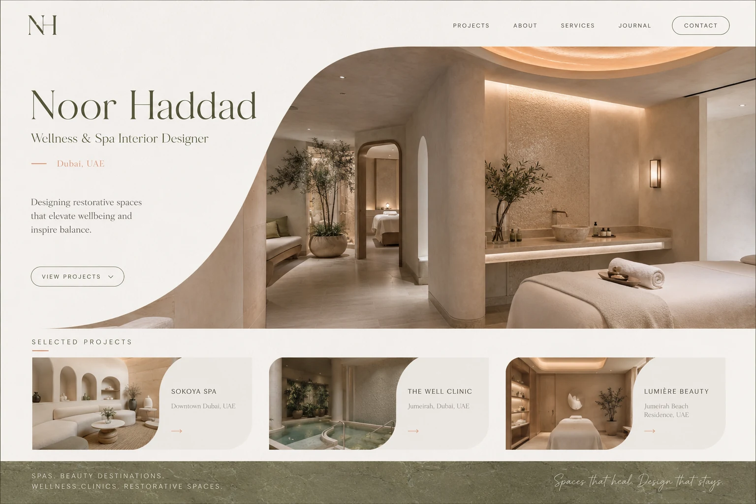 Noor Haddad wellness and spa interior designer portfolio website concept