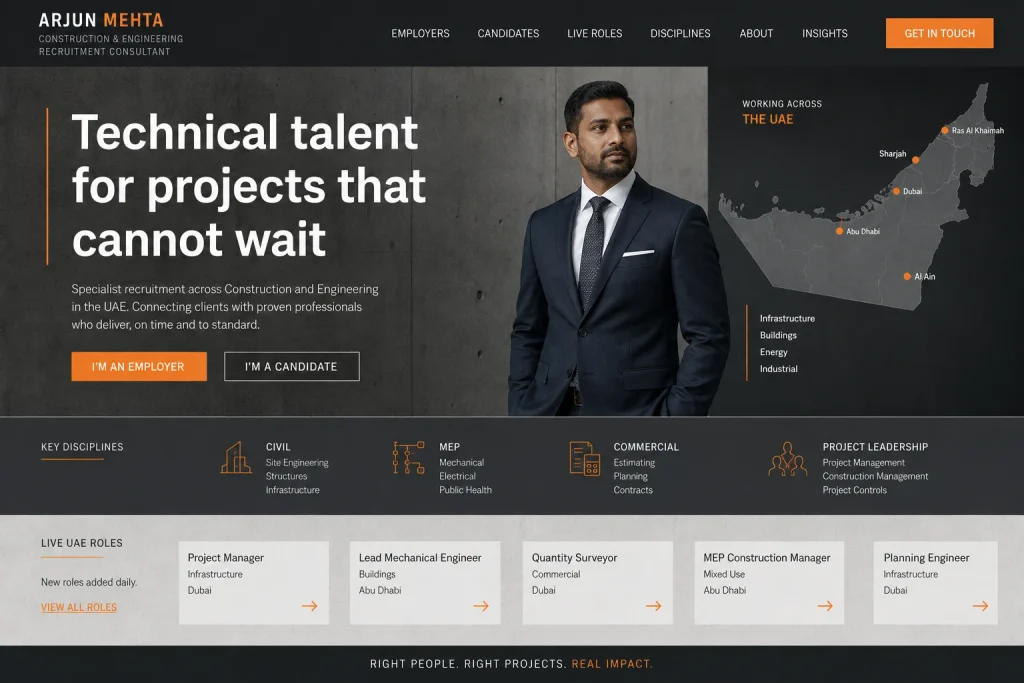 Arjun Mehta construction recruitment consultant Dubai portfolio website concept