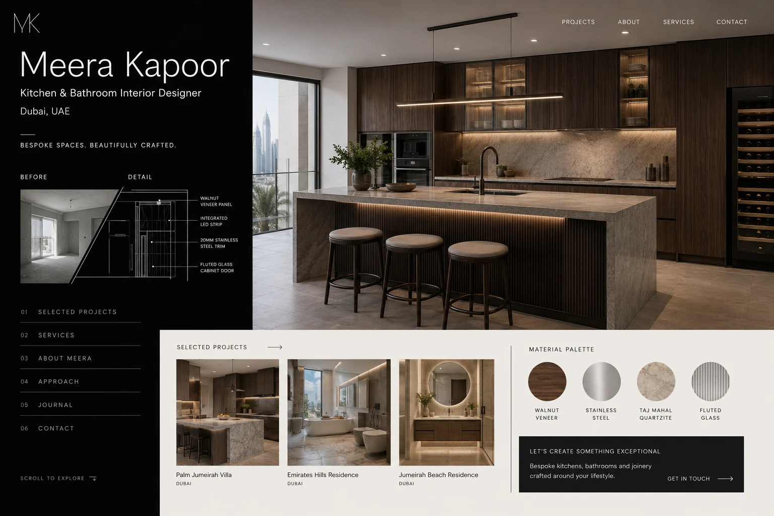 Meera Kapoor kitchen and bathroom interior designer portfolio website concept