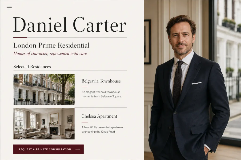 Daniel Carter London prime residential broker portfolio website concept