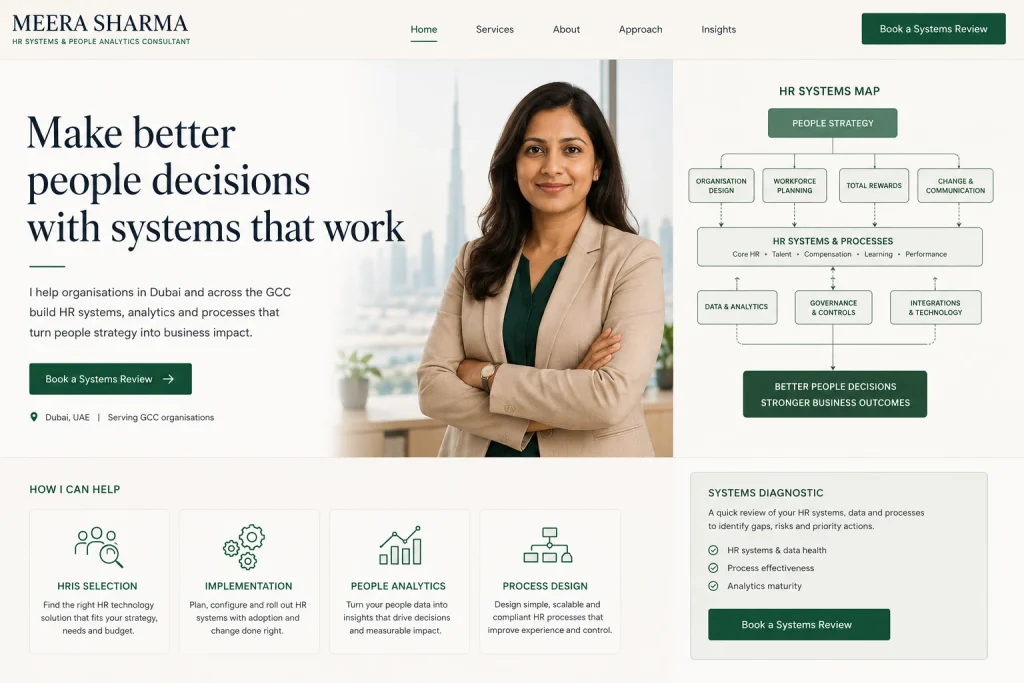 Meera Sharma HR systems and analytics consultant Dubai portfolio website concept