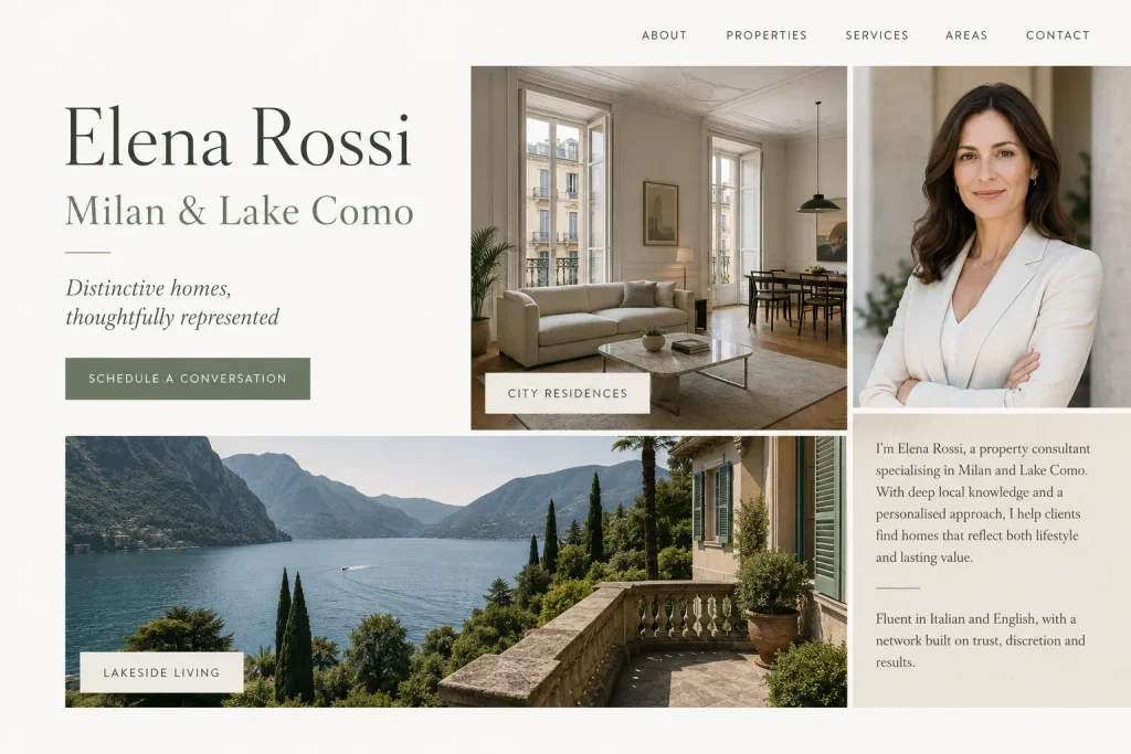 Elena Rossi Milan and Lake Como property consultant portfolio website concept