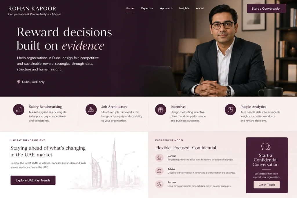 Rohan Kapoor compensation and analytics consultant Dubai portfolio website concept