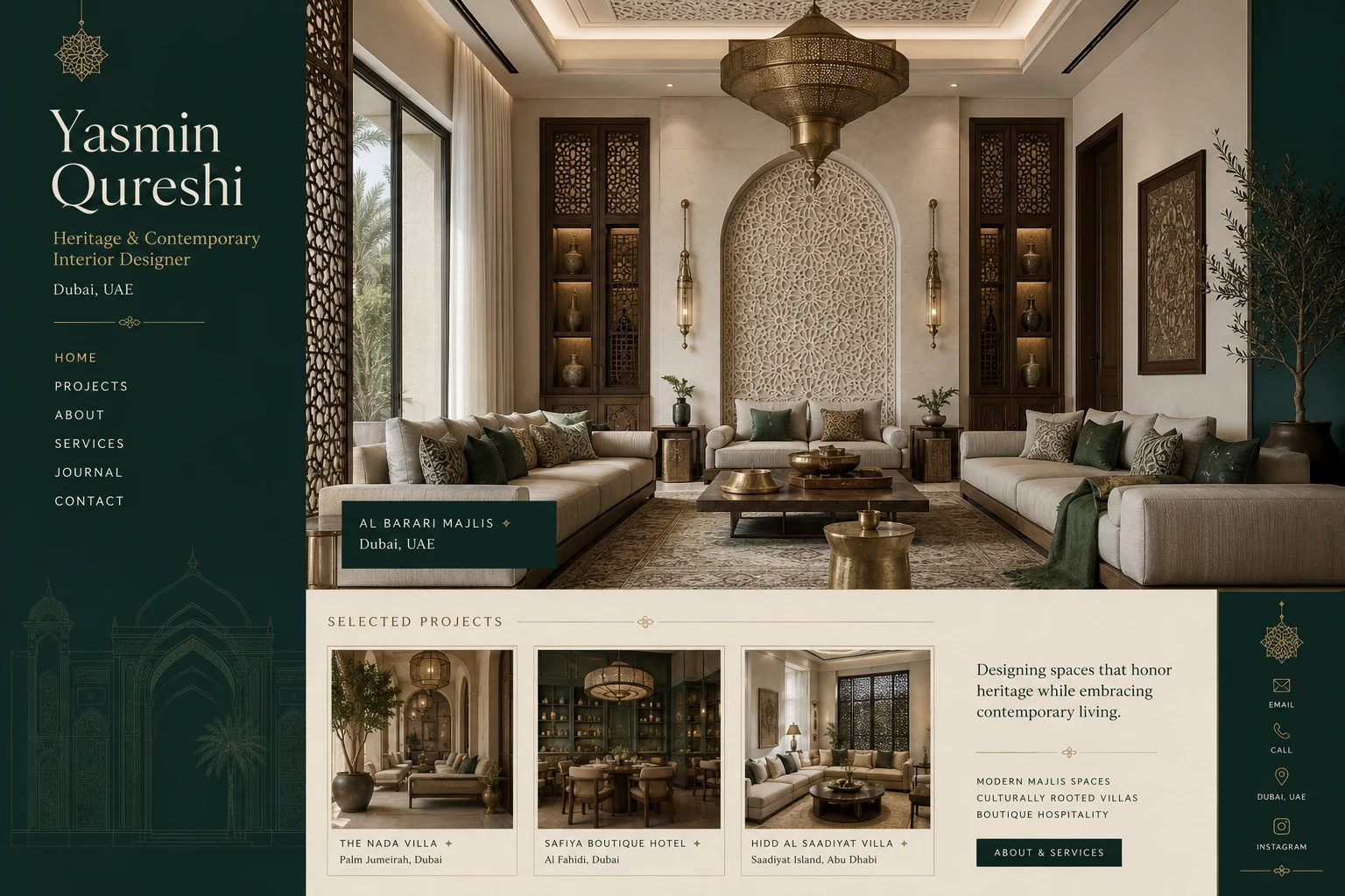 Yasmin Qureshi heritage and contemporary interior designer portfolio website concept