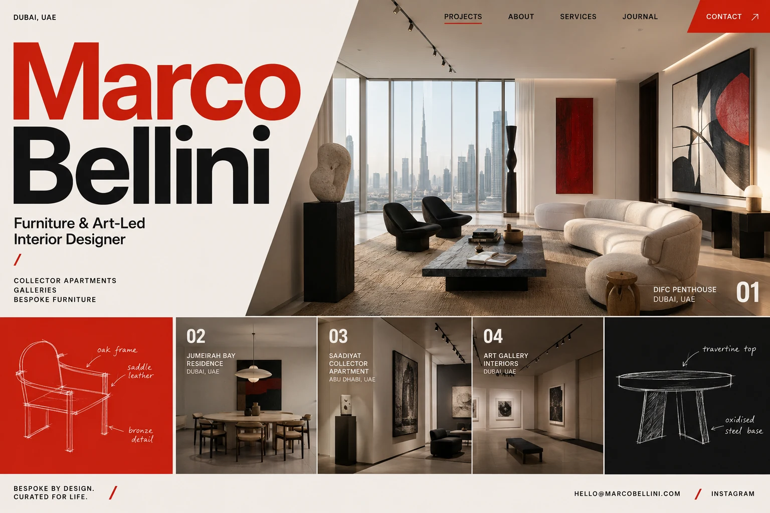 Marco Bellini furniture and art-led interior designer portfolio website concept