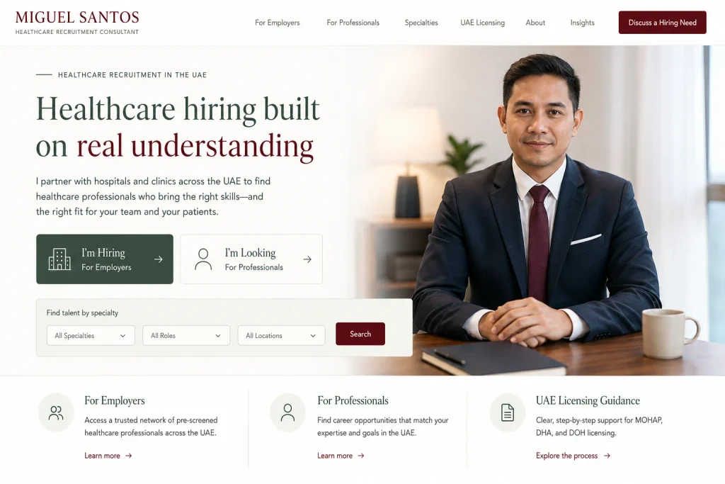 Miguel Santos healthcare recruitment consultant Dubai portfolio website concept