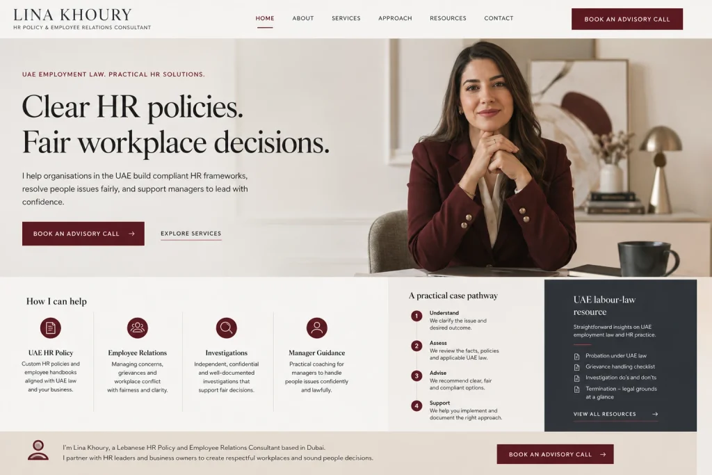Lina Khoury employee relations consultant portfolio website concept