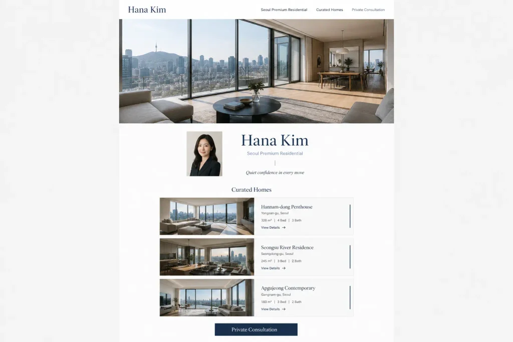 Hana Kim Seoul premium residential broker portfolio website concept