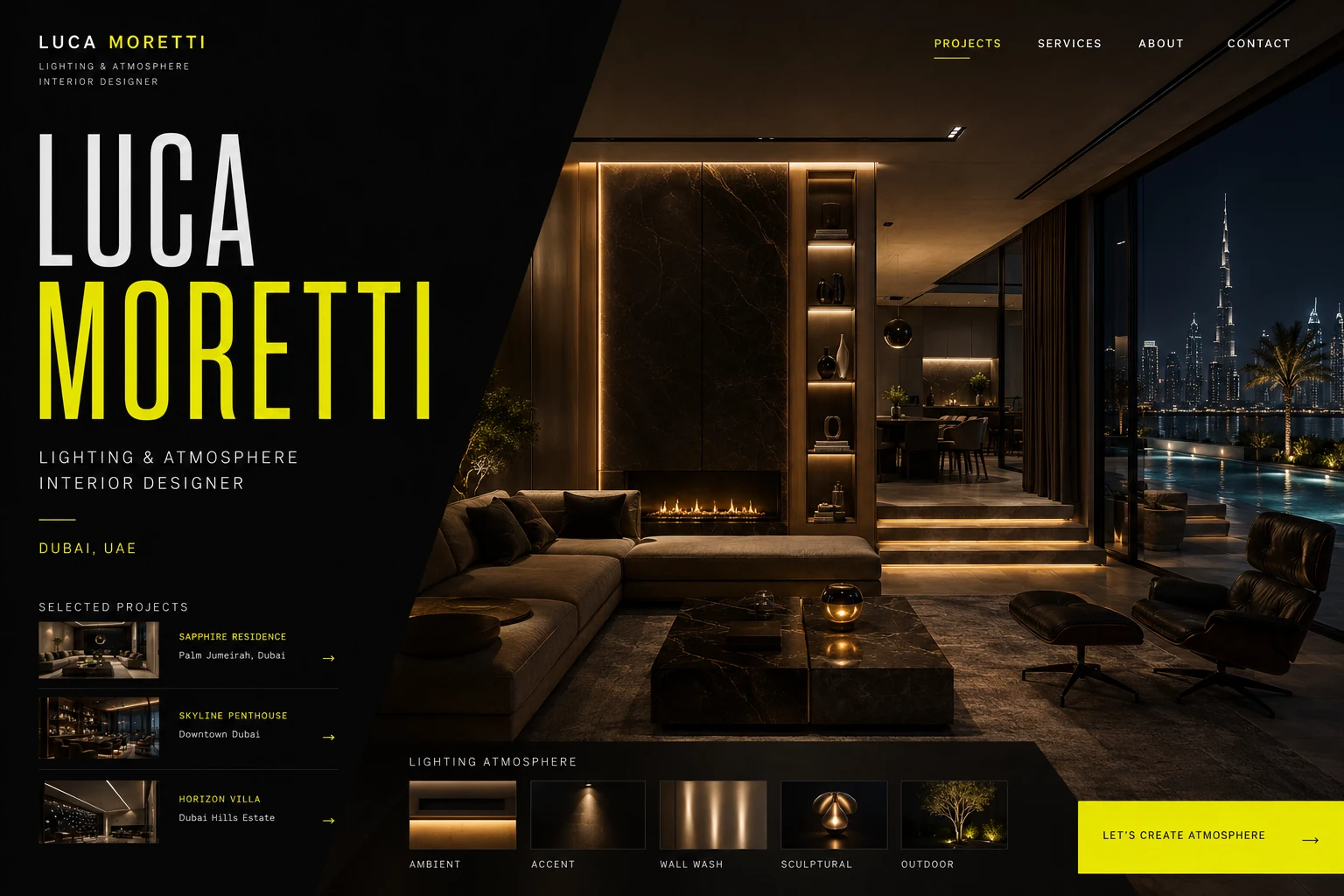 Luca Moretti lighting and atmosphere interior designer portfolio website concept