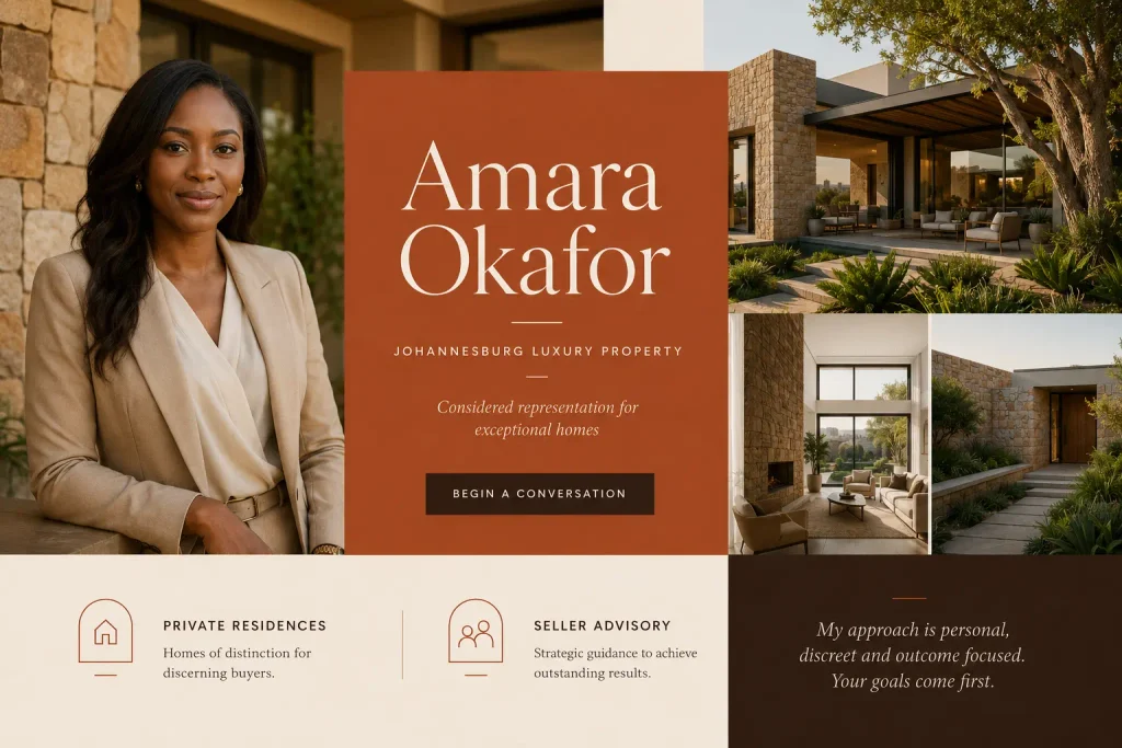 Amara Okafor Johannesburg luxury property advisor portfolio website concept