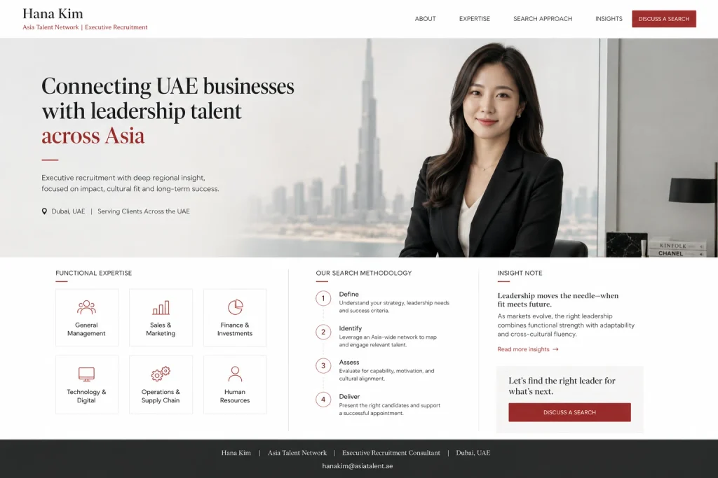 Hana Kim Asia talent network consultant portfolio website concept