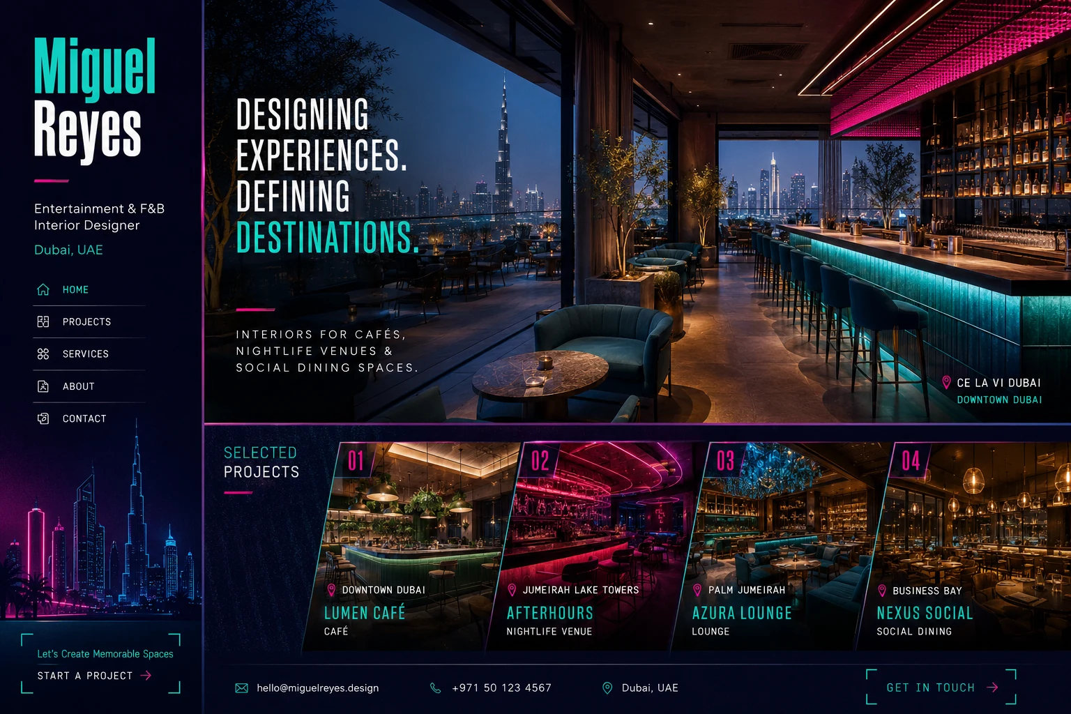 Miguel Reyes entertainment and food and beverage interior designer portfolio website concept