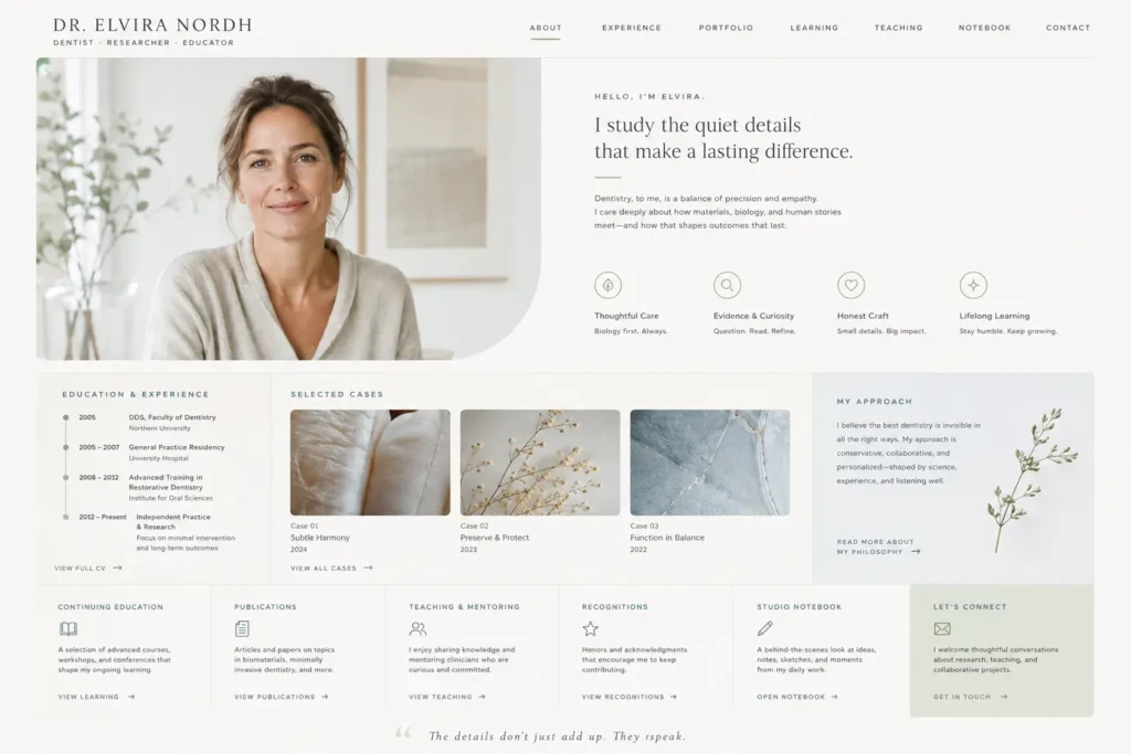 Personal portfolio website concept 13 for a dentist