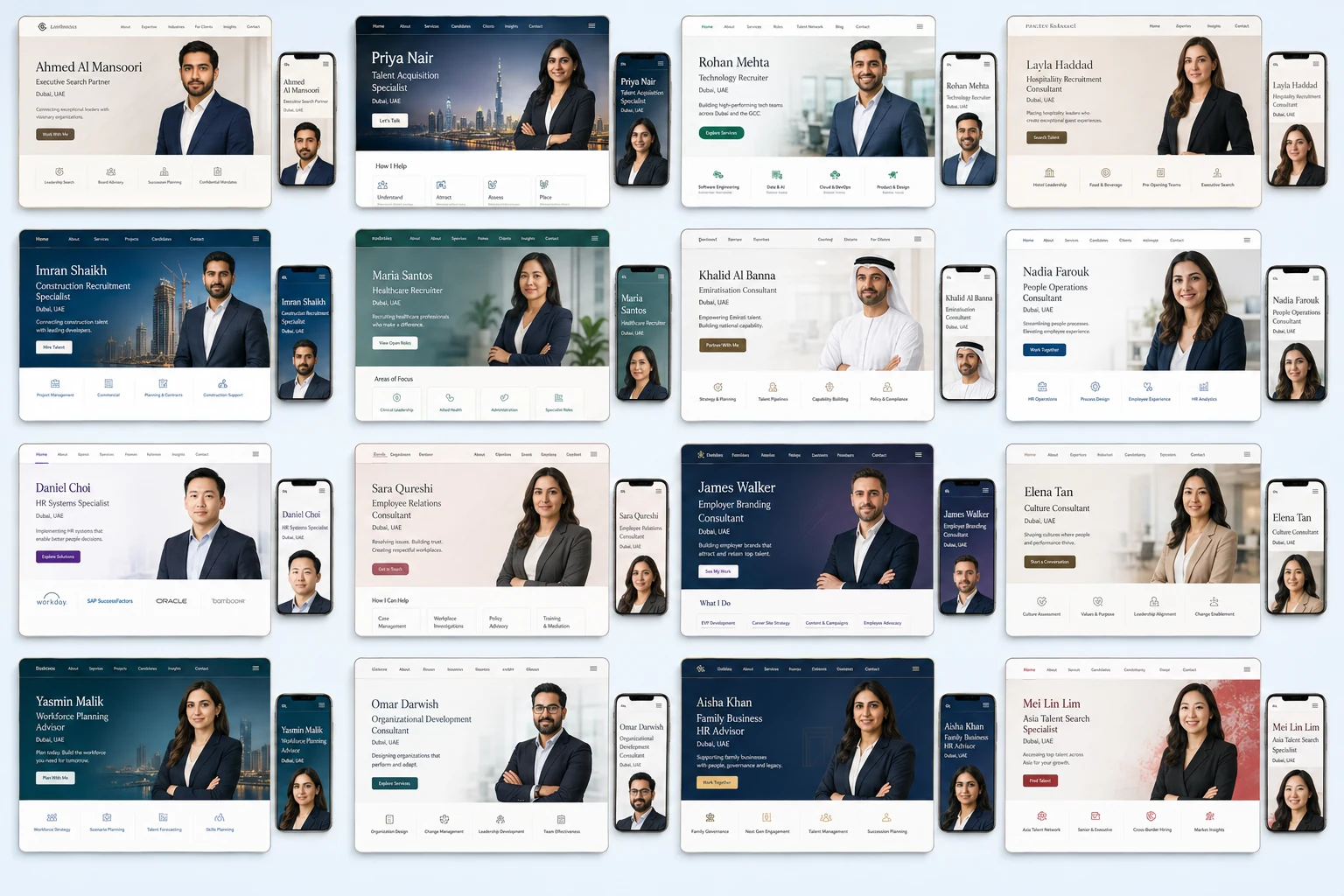 Collection of responsive portfolio website concepts for HR consultants and recruiters in Dubai
