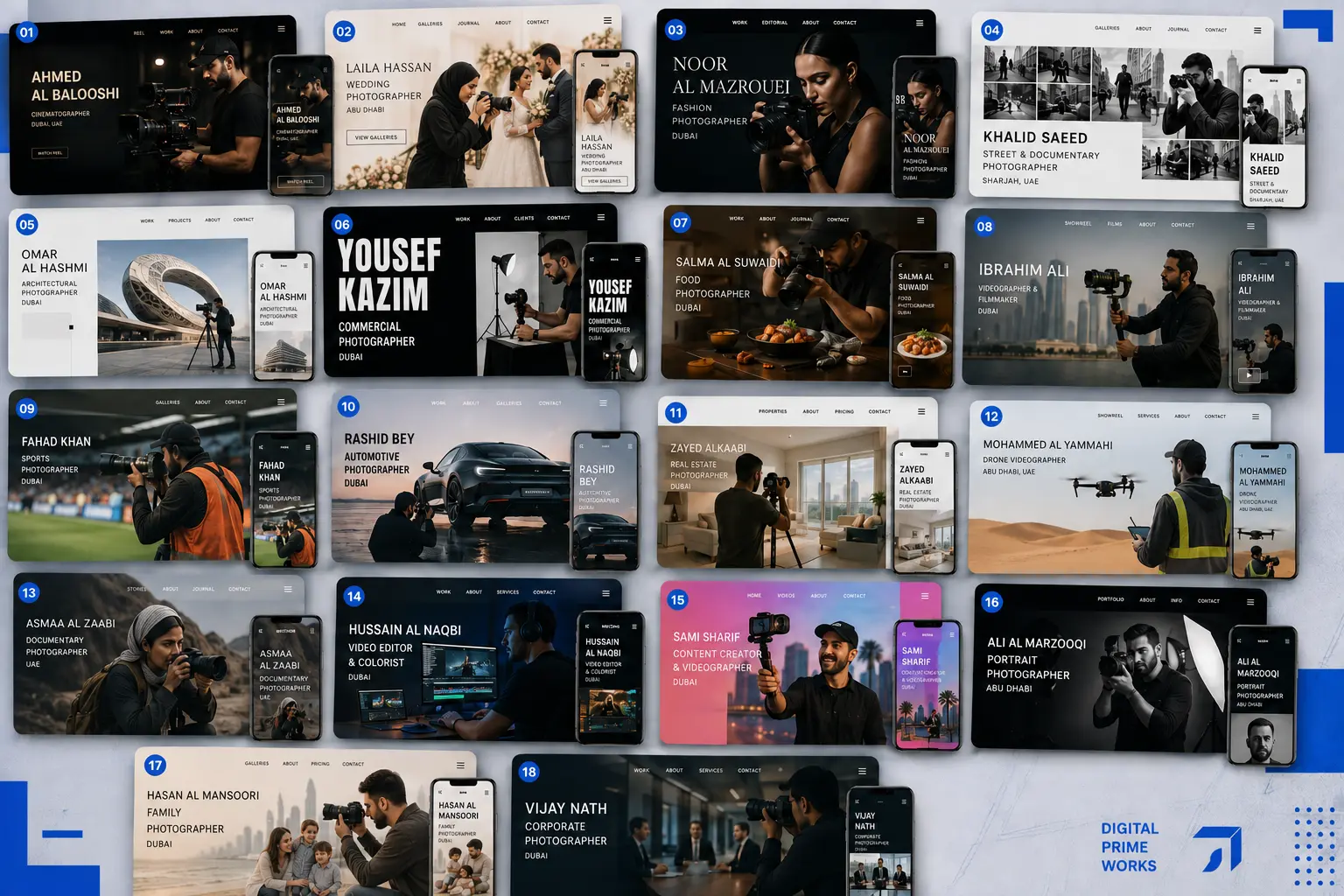 Eighteen responsive portfolio website concepts for photographers and videographers