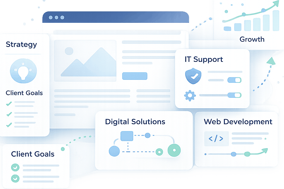 Digital Prime Works approach connecting client goals, strategy, IT support, digital solutions, web development, and growth.