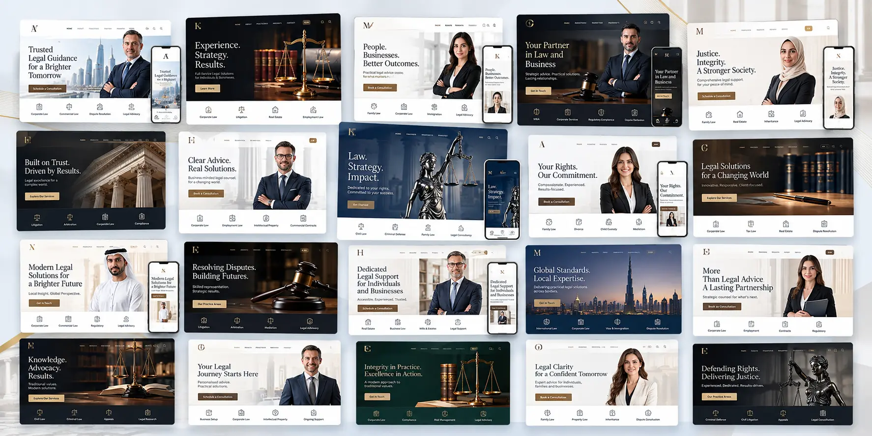 Collection of responsive portfolio website concepts for lawyers and legal advisors